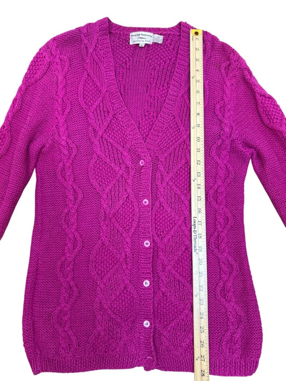 Vintage Lauren Hansen Size S Hand Knit Raspberry Pink Cable Knit Cardigan Cozy - Picture 13 of 16